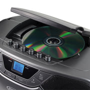 Gray Jensen portable CD boombox with open lid showing a CD inside, six black control buttons, blue LCD display, and POWER, PLAY/PAUSE, STOP, and MODE labels.