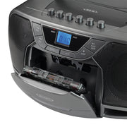 Gray Jensen portable boombox with CD and cassette player, showing open cassette door, blue LCD display, and labeled buttons for playback and radio controls.