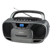 Gray Jensen portable boombox with CD player, cassette deck, AM/FM radio, carry handle, and extendable antenna with blue display.