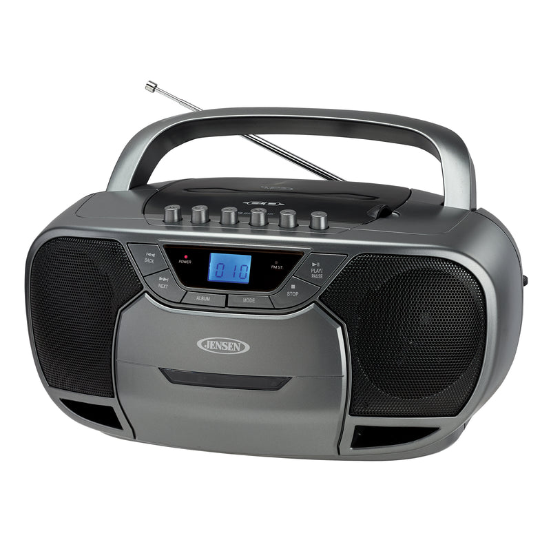 Gray Jensen portable boombox with CD player, cassette deck, AM/FM radio, carry handle, and extendable antenna with blue display.