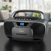 Gray Jensen portable boombox with carry handle, extendable antenna, CD door, cassette door, and blue LCD display.