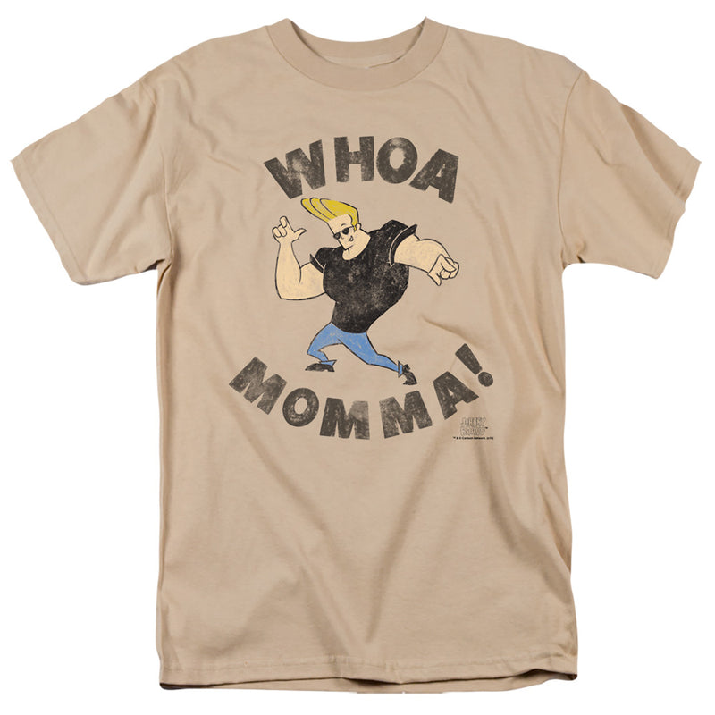 Sand-colored t-shirt with cartoon character Johnny Bravo in black tank top and blue pants, arms out, above distressed text 'WHOA MOMMA!'