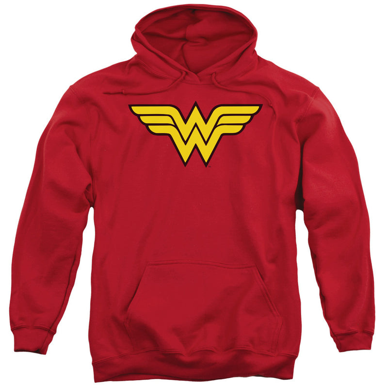 Red pullover hoodie with a large yellow Wonder Woman logo with black outline across the chest.