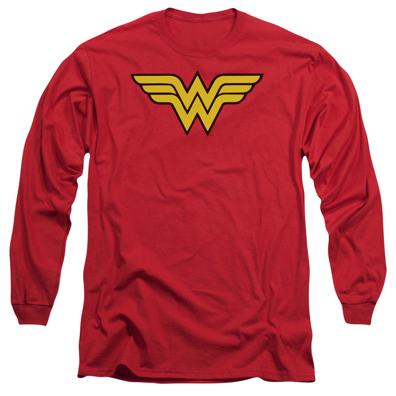Red long-sleeve crew neck t-shirt with a large yellow Wonder Woman logo outlined in black on the chest.