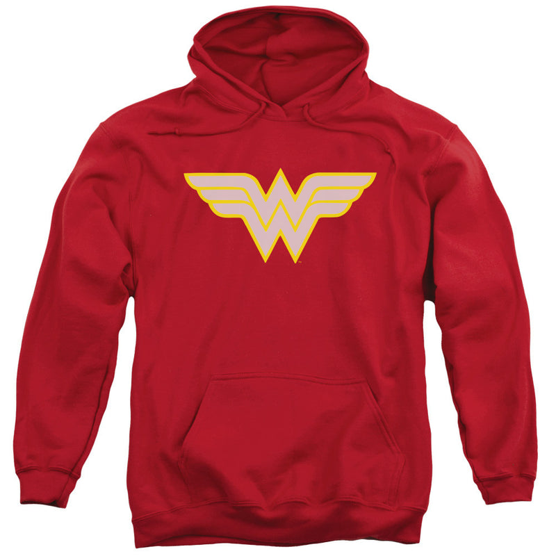 Red pullover hoodie with a large Wonder Woman logo in pale pink outlined in gold across the chest.