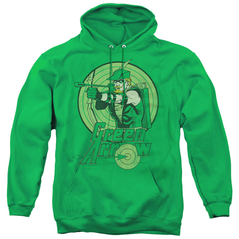 Kelly green pullover hoodie with a green graphic of Green Arrow aiming a bow inside a target circle, with 'Green Arrow' printed below.