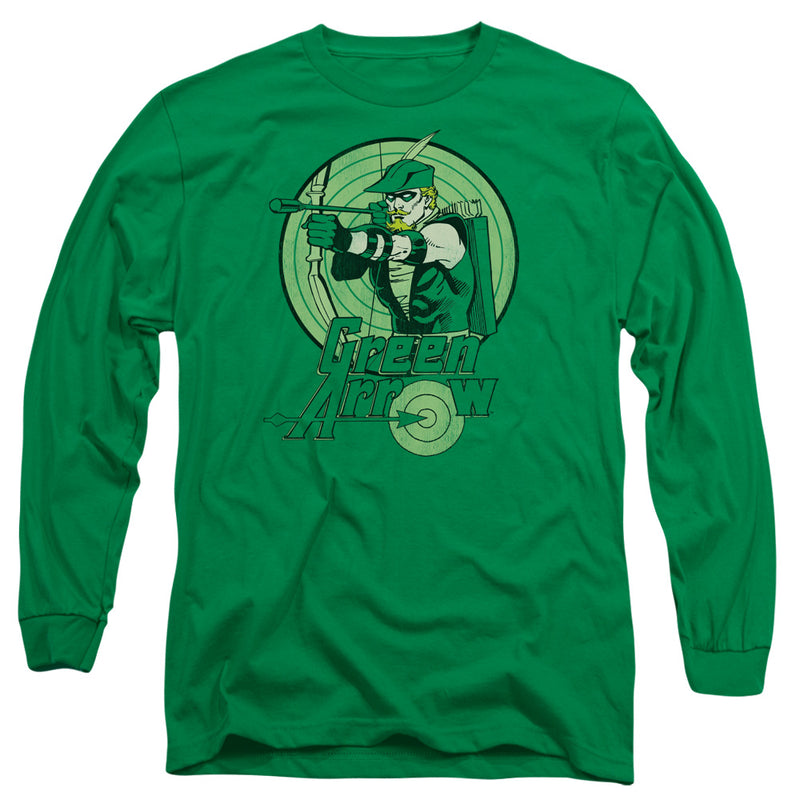 Kelly green long-sleeve t-shirt with green Green Arrow comic illustration of archer drawing bow over target, and text "Green Arrow" below.