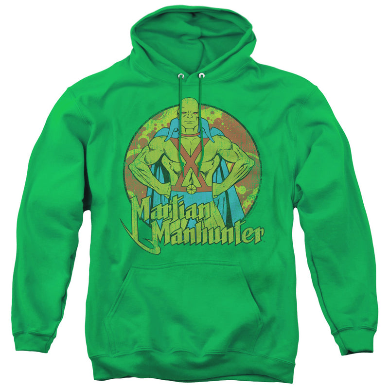 Kelly green hoodie featuring a distressed circle graphic of Martian Manhunter with the text 'Martian Manhunter' in green below it.