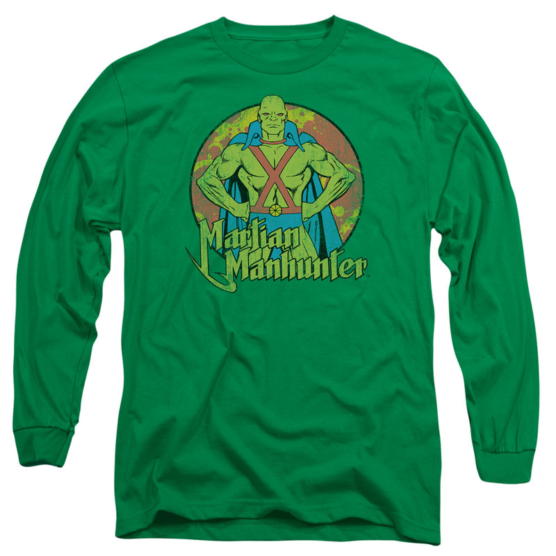 Kelly green long-sleeve shirt with a graphic of the green Martian Manhunter in a red X harness and blue cape, with the text "Martian Manhunter" below.