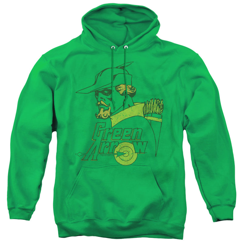 Kelly green hoodie featuring a distressed line drawing of Green Arrow with the text 'Green Arrow' in yellow-green below it.