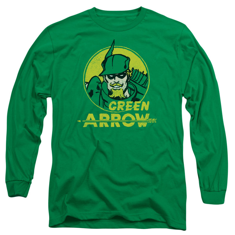 Kelly green long-sleeved shirt featuring a Green Arrow illustration in a yellow circle with the text 'Green Arrow' below.
