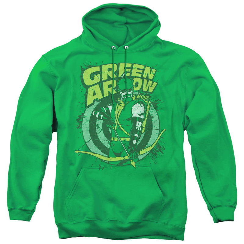 Kelly green pullover hoodie with green graphic of Green Arrow character holding a bow over a target, with the text "GREEN ARROW" printed above.