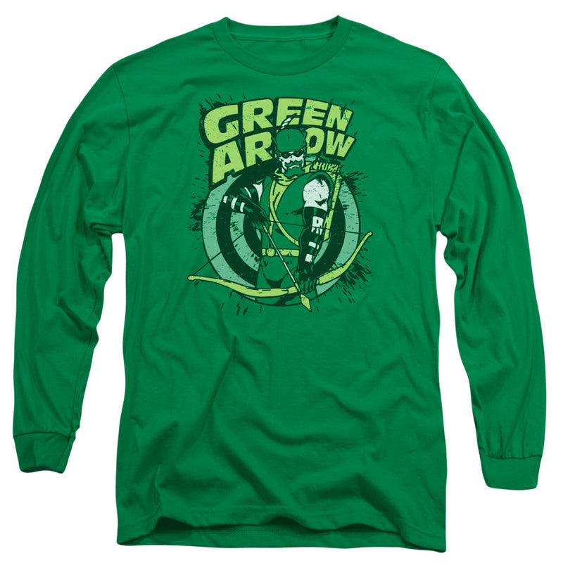 Kelly green long-sleeve t-shirt with green graphic of Green Arrow aiming a bow over a target, with the text "GREEN ARROW" above.