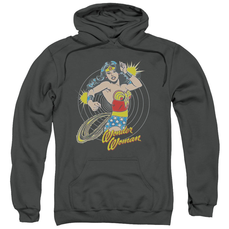 Charcoal gray pullover hoodie with a full-color Wonder Woman graphic of her spinning her golden lasso, with the text "Wonder Woman" in yellow script.