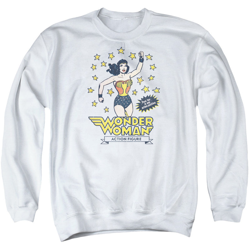 White crewneck sweatshirt featuring a retro Wonder Woman illustration surrounded by yellow stars, with the text 'Wonder Woman' below it.