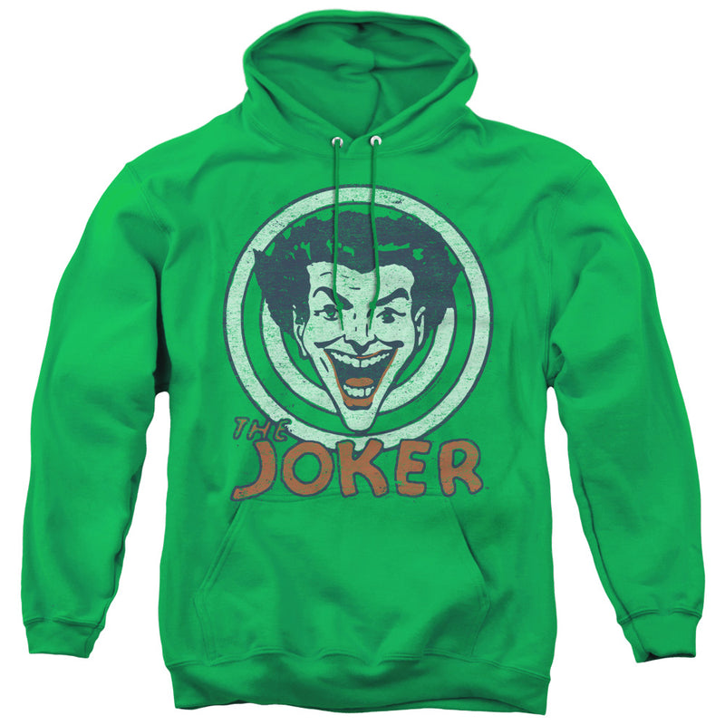 Kelly green pullover hoodie with a distressed graphic of the Joker's grinning face inside a white circle and the text "THE JOKER" in red below.