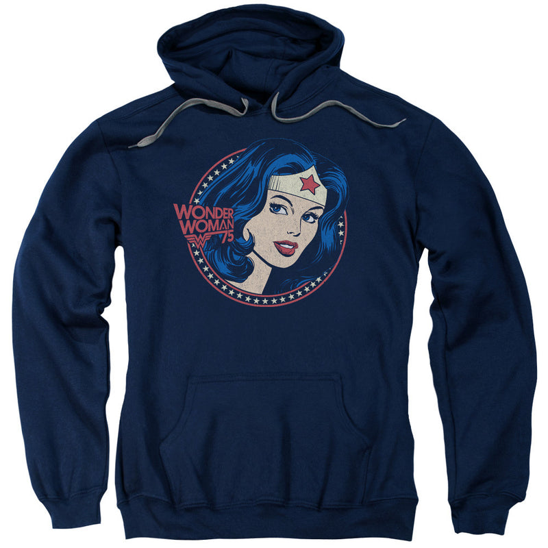 Navy blue pullover hoodie with graphic of Wonder Woman portrait in circle of red and white stars, text reads "WONDER WOMAN" and "WW 75".