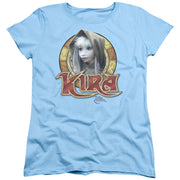 Light blue women's t-shirt with a circular portrait of Kira from The Dark Crystal, hooded with white hair, above red and gold 'KIRA' lettering.