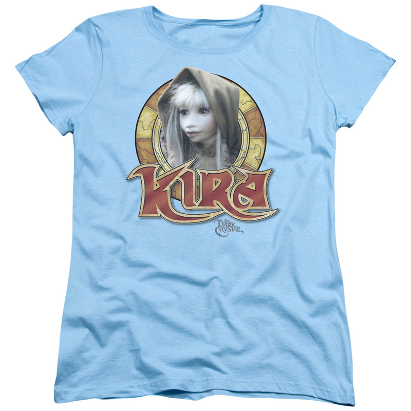 Light blue women's t-shirt with a circular portrait of Kira from The Dark Crystal, hooded with white hair, above red and gold 'KIRA' lettering.
