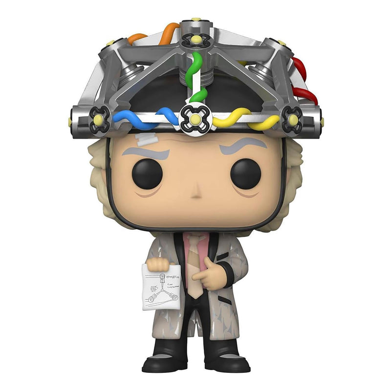 Front view of Doc Brown Funko Pop vinyl figure from Back to the Future wearing a silver wired helmet with colorful wires and a white lab coat holding a diagram.