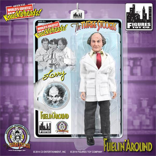 Larry from The Three Stooges 8-inch figure in white lab coat, red tie, gray pants, on card reading "Fuelin' Around"