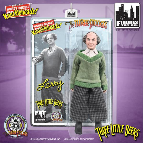 Larry 8-inch Three Stooges figure in green sweater and gray plaid pants, in package labeled "Three Little Beers"