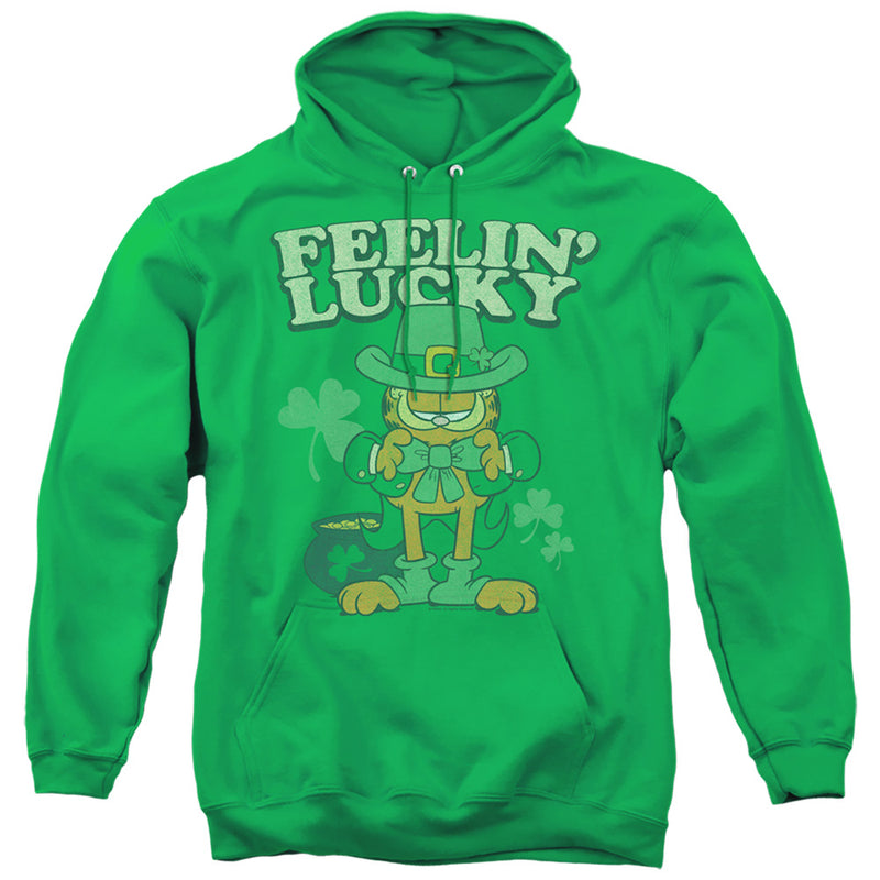 Kelly green pullover hoodie with graphic of Garfield dressed as a leprechaun in a green hat, with the text "FEELIN' LUCKY" and shamrocks.