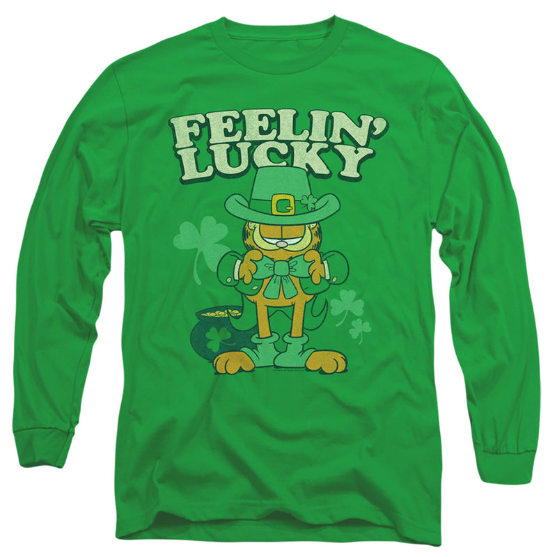 Kelly green long-sleeved shirt featuring Garfield in a leprechaun hat with the text 'FEELIN' LUCKY' in light green above him.