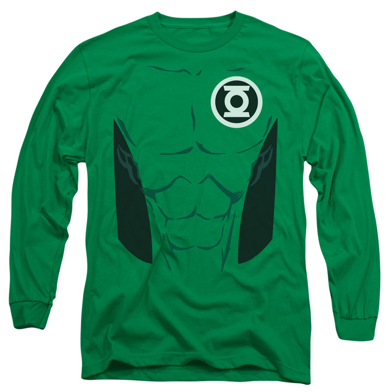 Kelly green long-sleeve t-shirt with printed muscular torso design and white Green Lantern logo on the upper chest.