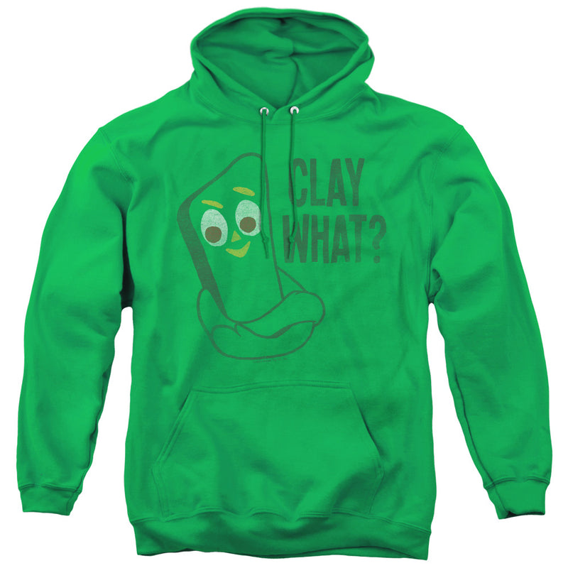 Kelly green pullover hoodie with a graphic of Gumby, the green clay figure with big eyes, and the text "CLAY WHAT?" in dark green.