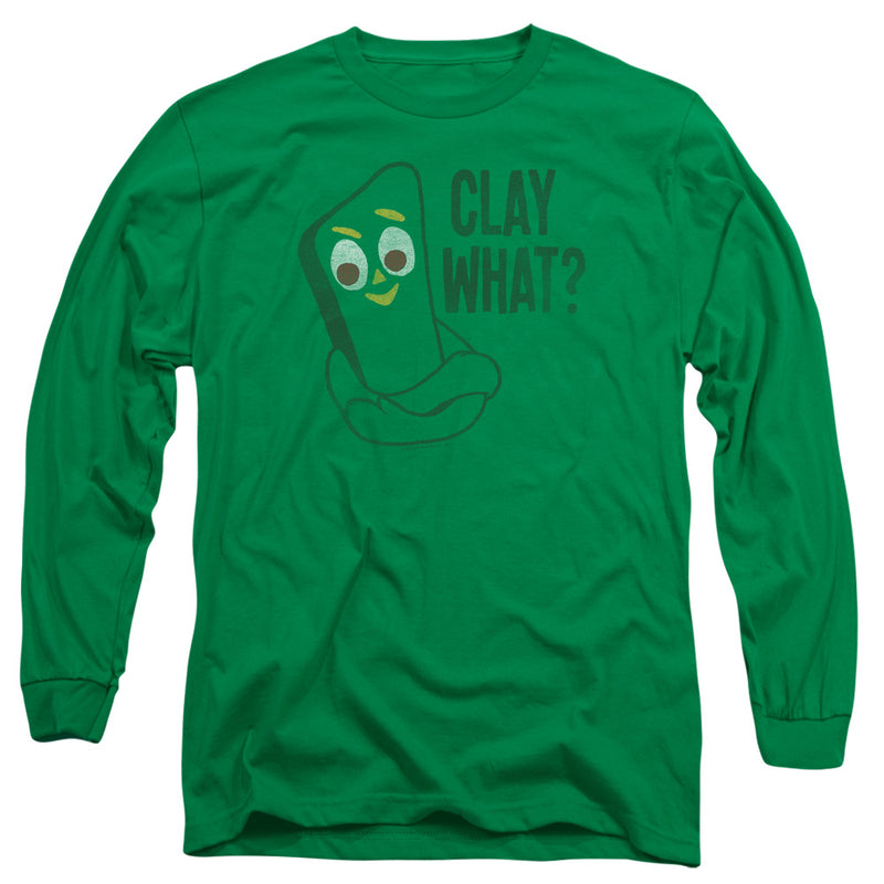 Kelly green long-sleeve t-shirt with a graphic of Gumby, a green clay figure with a sheepish expression, and the text "CLAY WHAT?".