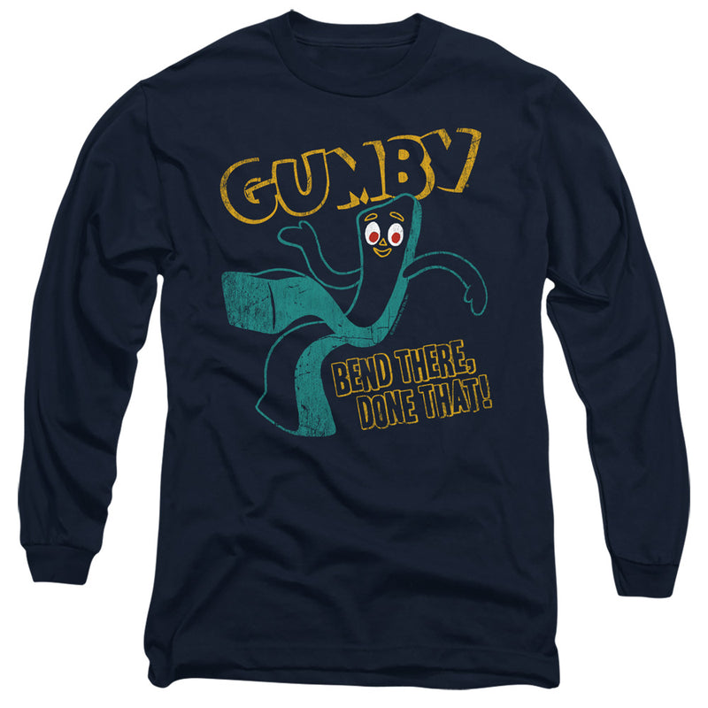 Navy long-sleeve shirt with yellow distressed "GUMBY" logo and teal Gumby character bending, with "BEND THERE, DONE THAT!" in yellow text.