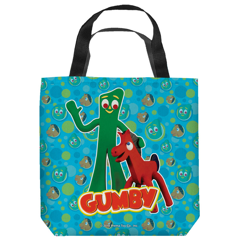 Blue tote bag featuring Gumby and Pokey over a repeating pattern of their faces with the text 'GUMBY' in red at the bottom