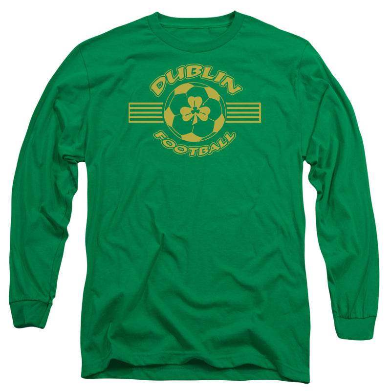 Kelly green long-sleeve shirt with gold graphic of soccer ball with shamrock, arched text "DUBLIN" above and "FOOTBALL" below, flanked by stripes.