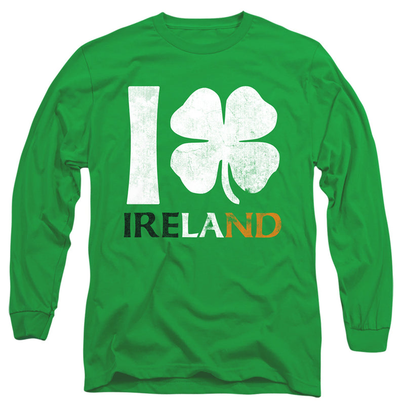 Kelly green long sleeve t-shirt with distressed white "I" and four-leaf clover graphic above "IRELAND" in green, white, and orange lettering.