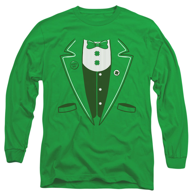 Kelly green long sleeve t-shirt with a printed green tuxedo design, white pinstripe shirt front, green bow tie, shamrock buttons, and 'KISS ME' pin.