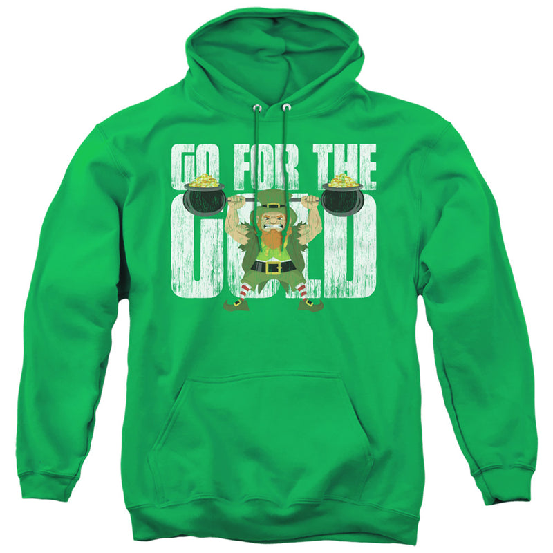 Kelly green pullover hoodie with white distressed text reading GO FOR THE GOLD and a cartoon leprechaun lifting two pots of gold coins.