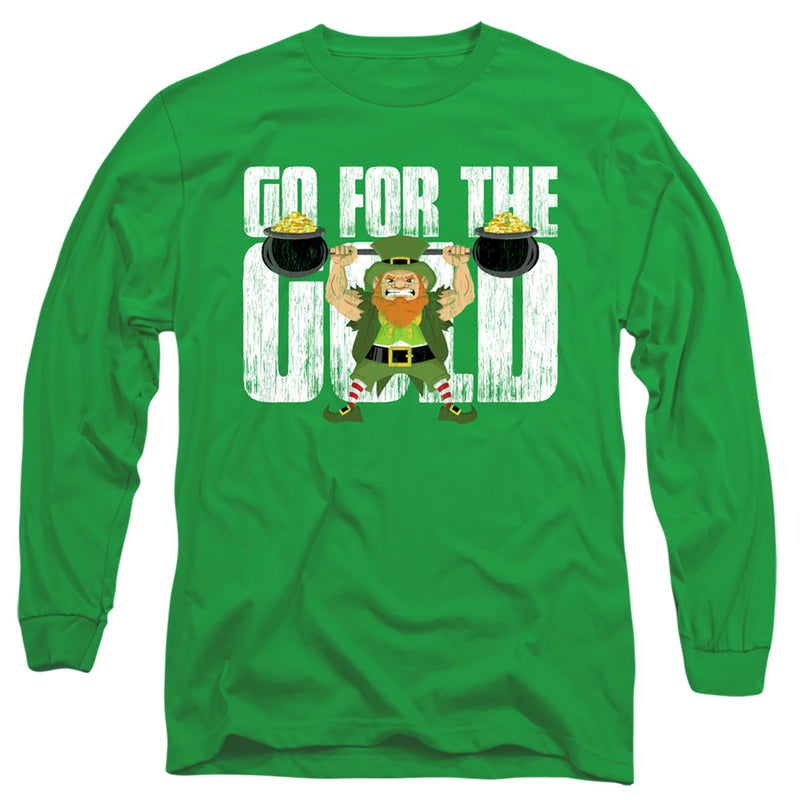 Kelly green long-sleeve t-shirt with white distressed text "GO FOR THE GOLD" and a cartoon leprechaun lifting two pots of gold overhead.