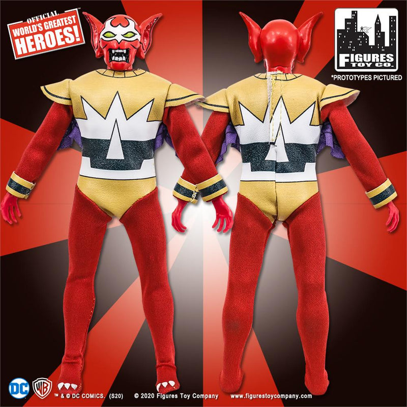 Parademon action figure, front and back: red horned head, gold top with white and black emblem, purple wings, red bodysuit.