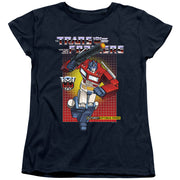 Navy women's t-shirt with 'Transformers' logo and red and white Optimus Prime robot aiming a cannon over a red grid