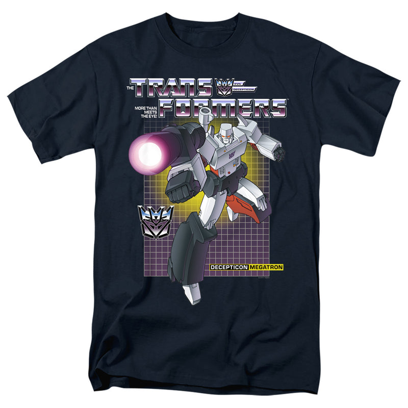 Navy short-sleeved t-shirt featuring Megatron firing a pink energy blast with the text 'Transformers' in silver above it