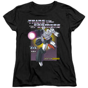 Women's fit black t-shirt with the same Megatron design, showing Megatron firing a pink energy blast beneath the text 'Transformers' in silver