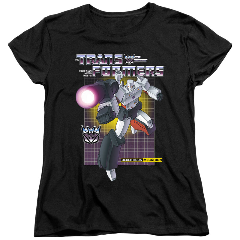 Women's fit black t-shirt with the same Megatron design, showing Megatron firing a pink energy blast beneath the text 'Transformers' in silver