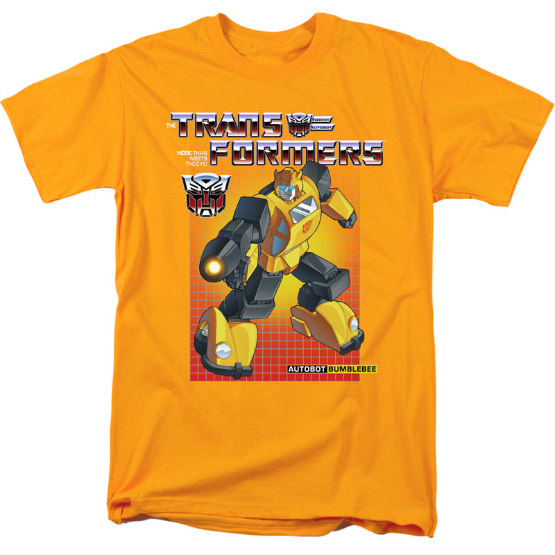 Gold short-sleeved t-shirt featuring Autobot Bumblebee on a red grid with the text 'Transformers' in silver chrome above him
