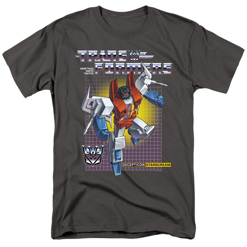 Charcoal short-sleeved t-shirt featuring Starscream with the text 'Transformers' in silver above him.