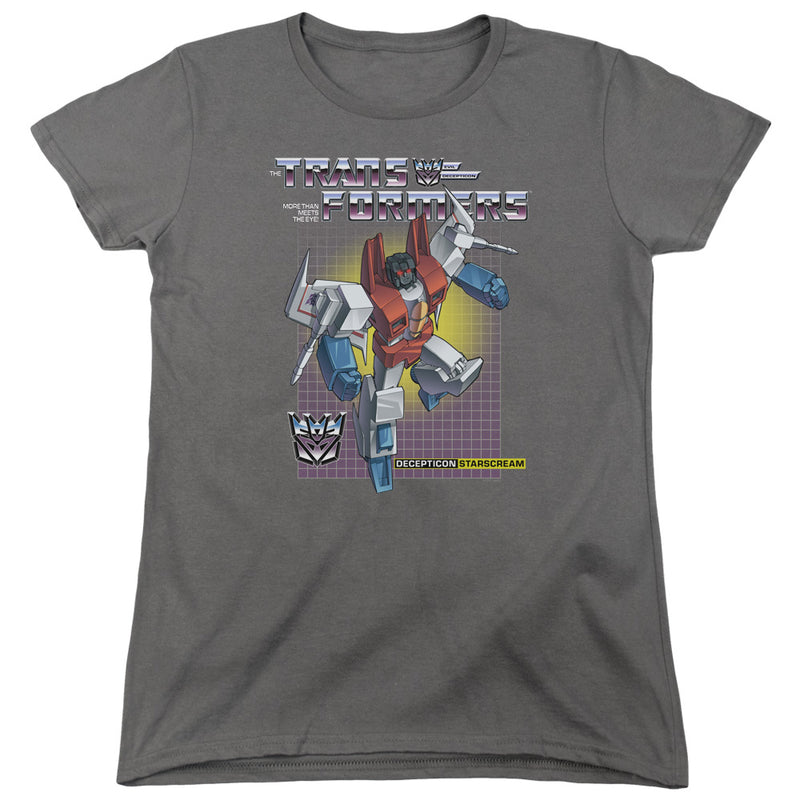 Women's-fit charcoal t-shirt with the same Starscream graphic and 'Transformers' logo, shown in a more fitted cut.