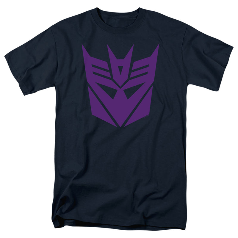 Navy short-sleeve crew neck t-shirt with a large purple Decepticon logo across the chest, a angular shield-shaped emblem with angled wings.
