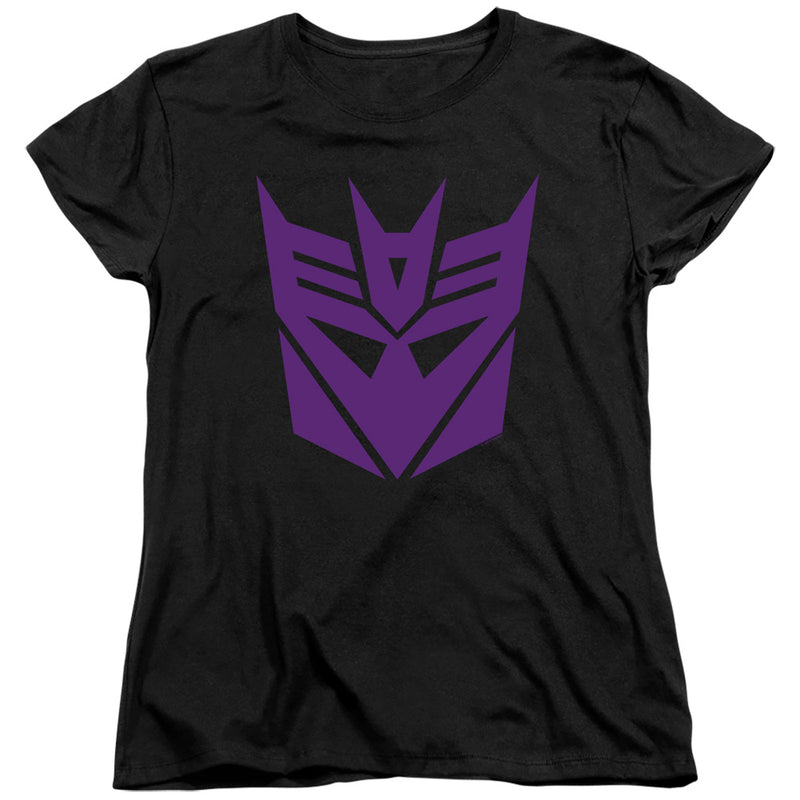 Black women's short-sleeve t-shirt with a large purple Decepticon logo across the chest from the Transformers franchise.