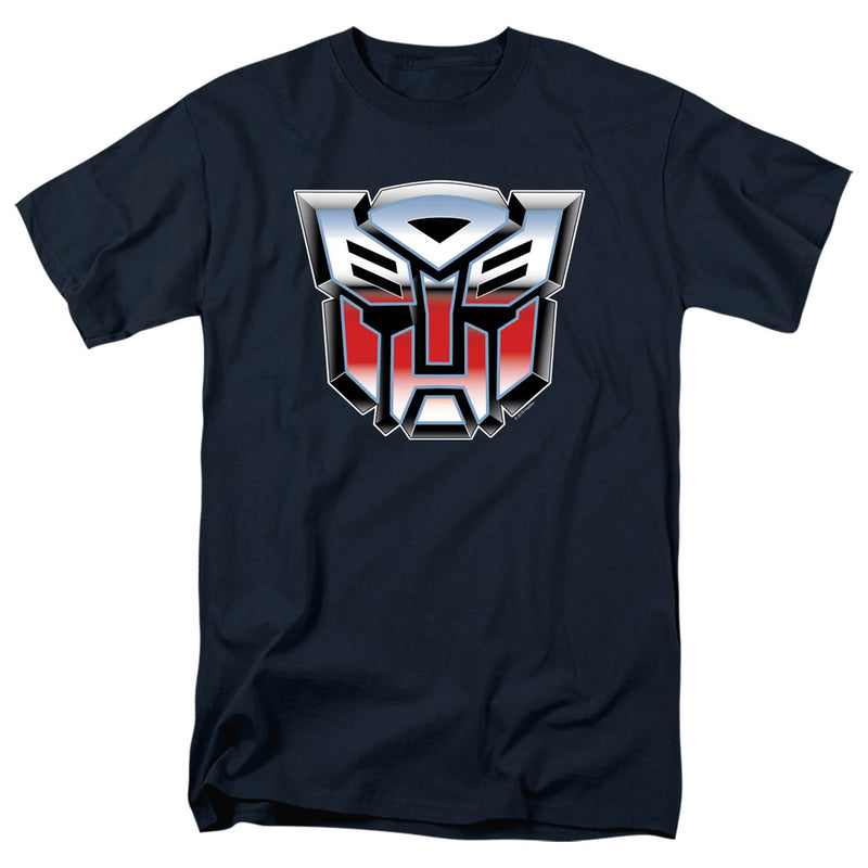 Navy short-sleeve t-shirt with a large chrome-style red, silver, and black Autobot logo emblem across the chest from the Transformers franchise.