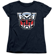 Navy women's short-sleeve t-shirt with a chrome-style red, silver, and black Autobot insignia logo from Transformers across the chest.